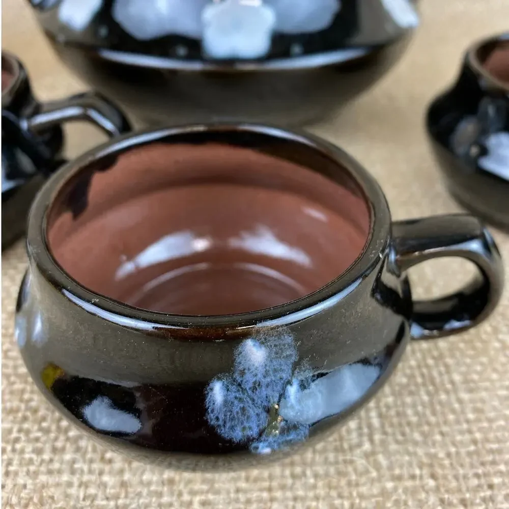 Vintage Black Glazed Squat Red Clay Teapot Set Hand Made